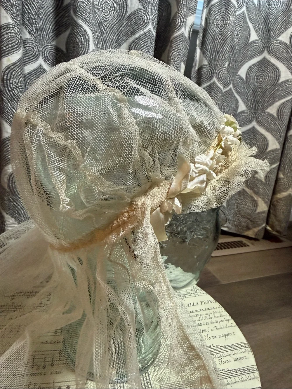 Vintage 1920s Juliet Cap Veil with Silk Floral Accents & Lace Netting